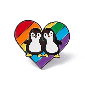 Rainbow Color Pride Flag Heart with Penguin Enamel Pin, Gunmetal Alloy Brooch for Backpack Clothes