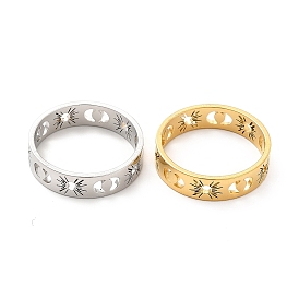 304 Stainless Steel Finger Rings for Women, Hollow Out Sun and Moon Ring