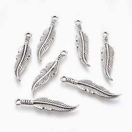 Colgantes plumas de aleación de estilo tibetano, sin plomo y cadmio, 35x8x2 mm, agujero: 2 mm
