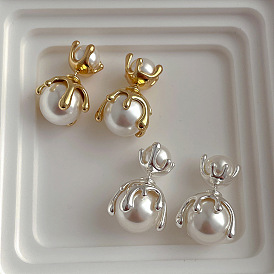 Niche design sense before and after wearing bead metal earrings female s925 silver needle high-end pearl earrings
