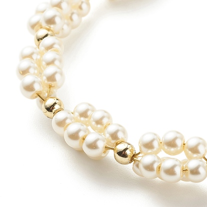 Glass Pearl Braided Beaded Bracelet, Brass Wire Wrap Jewelry for Women