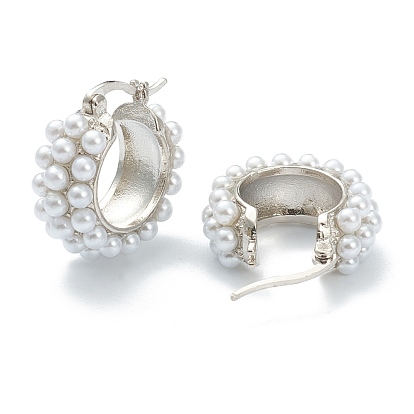 Brass Hoop Earrings, with Acrylic Imitation Pearl, Ring, White