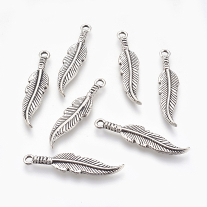 Colgantes plumas de aleación de estilo tibetano, sin plomo y cadmio, 35x8x2 mm, agujero: 2 mm