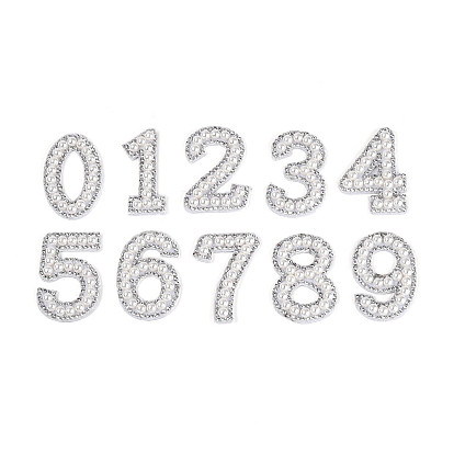 10шт. нашивок из АБС-пластика с имитацией жемчуга, страз и тканевых цифр, кремово-белые