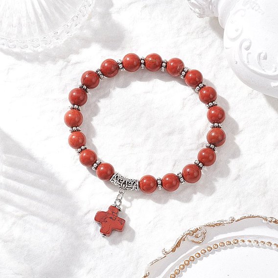 Браслеты с подвесками-крестиками из натуральных драгоценных камней, браслеты из бисера эластичные для мужчин и женщин, античное серебро