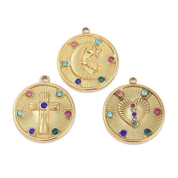 304 из нержавеющей стали горный хрусталь подвески, ионное покрытие (ip), плоско-круглые, текстура