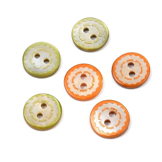2 Boutons en nacre naturelle peints en blanc avec trou, bord ondulé plat rond