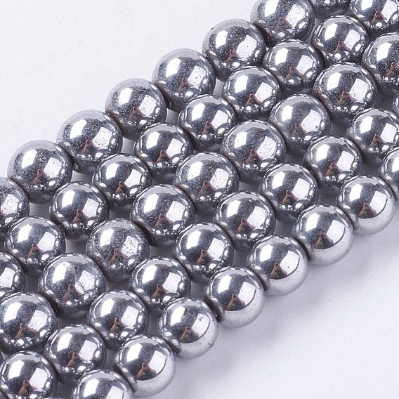 Synthetic Magnetic Hematite Beads Strands, Platinum Color Plated, Round