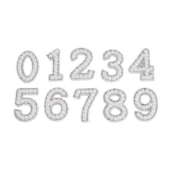 10шт. нашивок из АБС-пластика с имитацией жемчуга, страз и тканевых цифр, кремово-белые