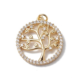 Brass Micro Pave Cubic Zirconia Pendants, Cadmium Free & Lead Free, Real 18K Gold Plated, Long-Lasting Plated, with Jump Ring, Ring with Tree Charm