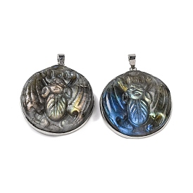 Natural Labradorite Carved Insect Pendants, Flat Round Charms with Platinum Plated Rack Plating Brass Snap on Bails