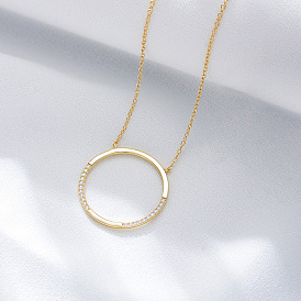 925 Silver Circle Pendant Necklace with Zircon Stone - Simple, Elegant, Round Shape