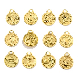 Real 18K Gold Plated Tone 304 Stainless Steel Pendants, Flat Round with Constellations Charm