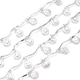 Handmade 304 Stainless Steel Scalloped Bar Link Chains, Soldered, with Smile Face Charms and Card Paper