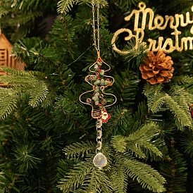 Christmas Copper Wire Wrapped Gemstone Chips Christmas Tree Hanging Ornaments, Glass Round Tassel Suncatcher for Window Garden Decoration