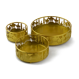 Iron Eid Mubarak Tray Set, Round with Castle Pattern, Snack Tray Plate, for Eid Home Decoration