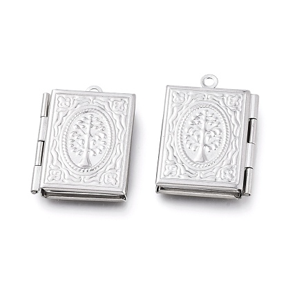 304 Stainless Steel Locket Pendants, Photo Frame Charms for Necklaces, Rectangle with Tree