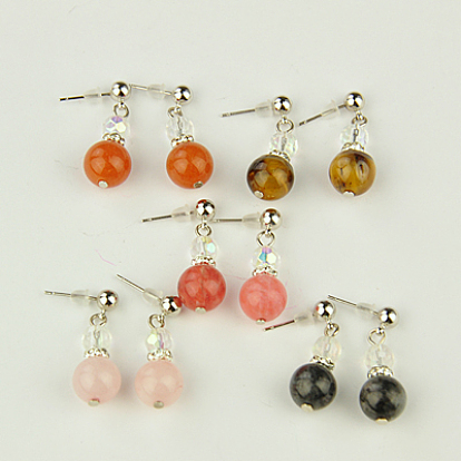 La mode des pierres précieuses boucles d'oreilles dangle, perles de verre, Perles de strass, boucles d'oreille en plastique et boucles d'oreilles en laiton, 27mm