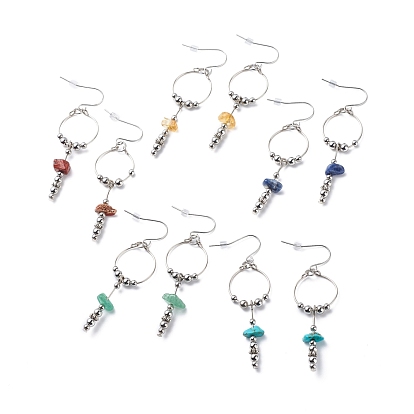 Gemstone Ring with Tassel Dangle Earrings, 304 Stainless Steel Long Drop Earrings for Women