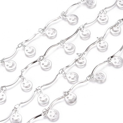 Handmade 304 Stainless Steel Scalloped Bar Link Chains, Soldered, with Smile Face Charms and Card Paper