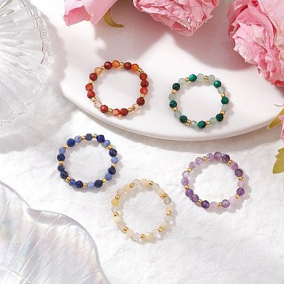 Кольца-растяжки из натуральных драгоценных камней, со стеклянными бисеринами, граненые круглые