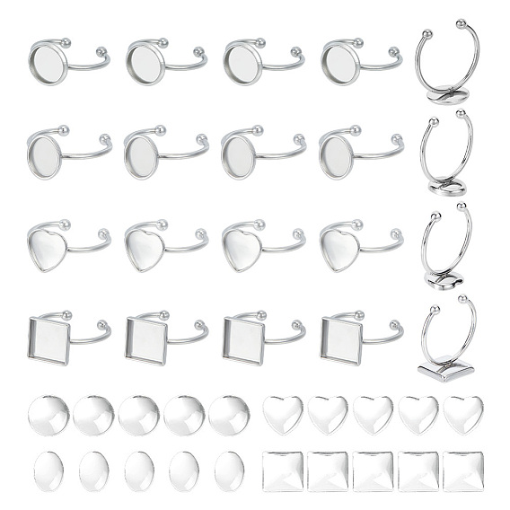 Набор для самостоятельного изготовления пустого кольца-манжеты, включая 304 компоненты с открытым кольцом из нержавеющей стали, Кабошоны из стекла, сердце, квадрат и овал