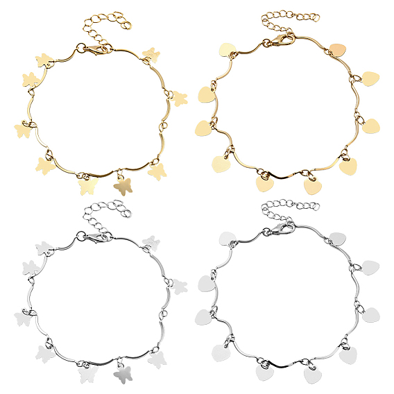 4 шт. 4 стили железные браслеты на ногу в форме бабочки и сердца с волнистыми перекладинами для женщин