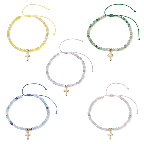04 браслеты с подвесками в виде маленького крестика из нержавеющей стали, браслеты из плетеных стеклянных бусин рондель для женщин