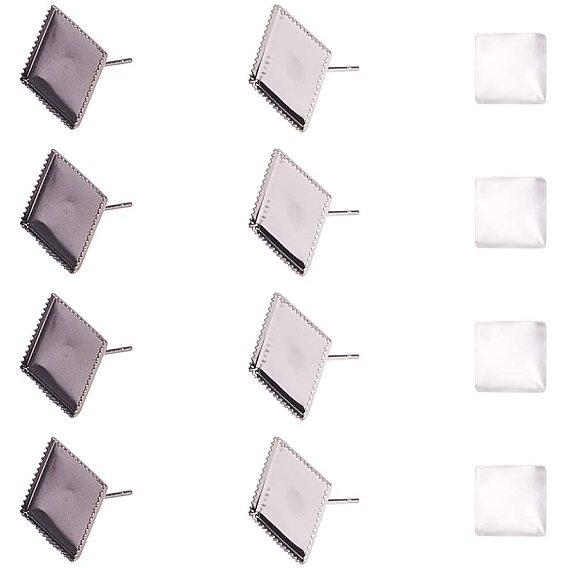 DIY Earring Making, with Brass Stud Earring Settings and Transparent Glass Square Cabochons