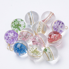 Glass Pendants, with Dried Flower Inside & Brass Findings, Round