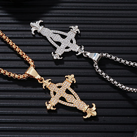 Hip-hop Style Brass Clear Cubic Zirconia Cross Pendant Box Chain Necklaces