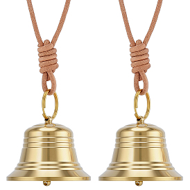 2Pcs Brass Big Bell Pendants, Bell Charm, with 2Pcs Cowhide Keychains