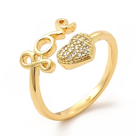 Clear Cubic Zirconia Heart & Word Love Open Cuff Ring, Brass Jewelry for Valentine's Day