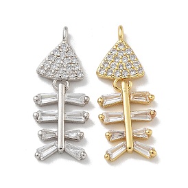 Rack Plating Brass Micro Pave Clear Cubic Zirconia Pendants, Long-Lasting Plated, Lead Free & Cadmium Free, Fishbone Charms