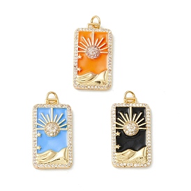 Rack Plating Brass Micro Pave Clear Cubic Zirconia Pendants, with Enamel, Cadmium Free & Nickel Free & Lead Free, Real 18K Gold Plated, Rectangle with Sun