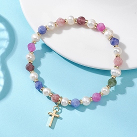 Браслеты с подвесками в виде креста из латуни, Натуральные многоцветные браслеты из турмалина и пресноводного жемчуга, эластичные, для женщин.