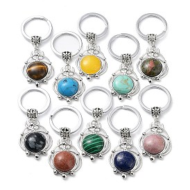 Porte-clés pierres précieuses naturelles et synthétiques, avec pendentif en laiton plaqué et anneaux en fer, sans plomb et sans cadmium