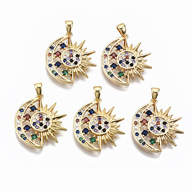Brass Micro Pave Colorful Cubic Zirconia Pendants, Sun with Moon, Nickel Free