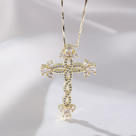 Necklace Copper Plated Real Gold Full Set Zircon Cross Necklace Fashion Ladies Pendant