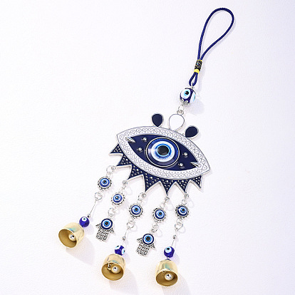 Glass Turkish Blue Evil Eye Pendant Decoration, with Alloy Bell & Hamsa Hand Charm for Home Wall Hanging Ornament
