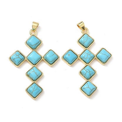 Подвески-кресты из окрашенной синтетической бирюзы в форме ромба, с латунной