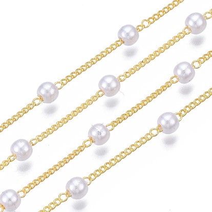 Handmade Brass Chains, with Round ABS Plastic Imitation Pearl Beads, Soldered, with Spool, Creamy White
