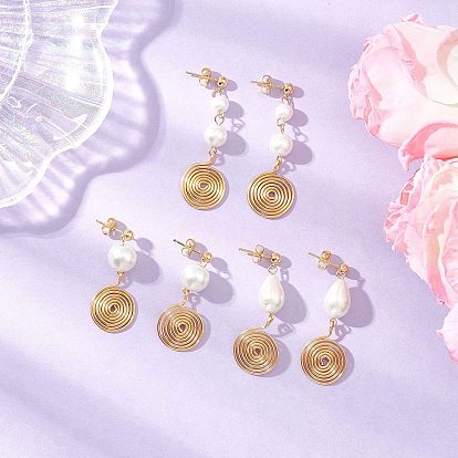 Серьги-гвоздики из стекла с жемчугом, круглая с вихревой спиралью, с экологически чистой медной проволокой