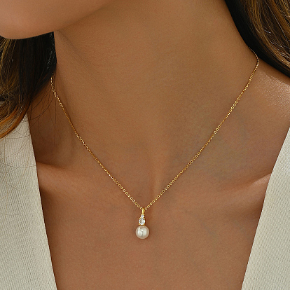 Elegant French Style 925 Sterling Silver & Shell Pearl Round Pendant Necklaces for Women's Daily Wear