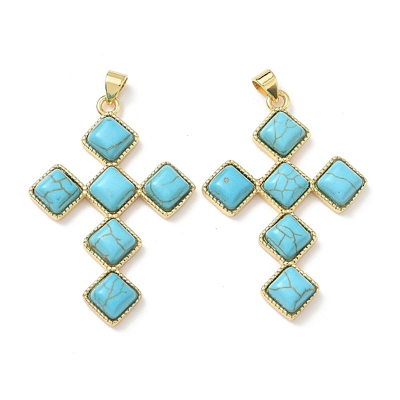 Подвески-кресты из окрашенной синтетической бирюзы в форме ромба, с латунной