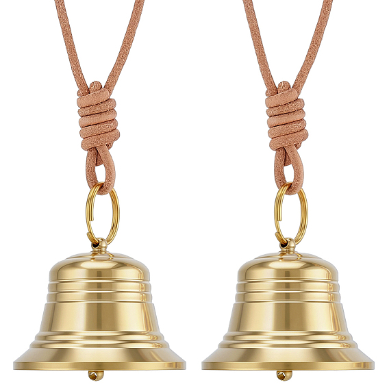 2Pcs Brass Big Bell Pendants, Bell Charm, with 2Pcs Cowhide Keychains