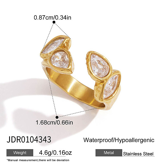304 Stainless Steel Pave Clear Cubic Zirconia Cuff Open Rings, Teardrop