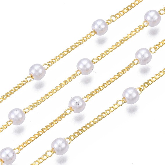 Handmade Brass Chains, with Round ABS Plastic Imitation Pearl Beads, Soldered, with Spool, Creamy White