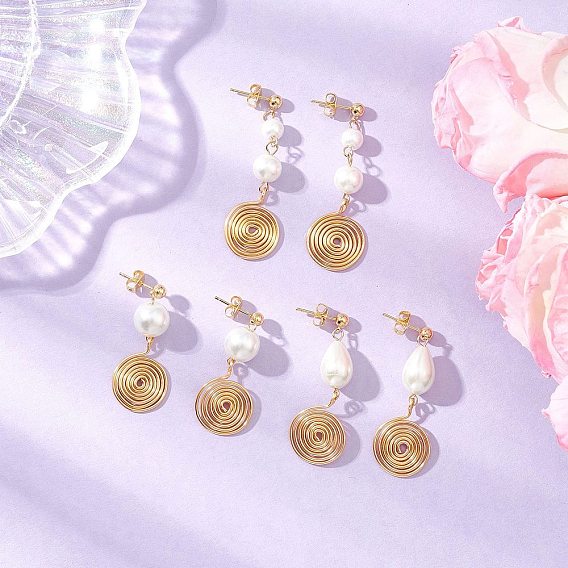 Серьги-гвоздики из стекла с жемчугом, круглая с вихревой спиралью, с экологически чистой медной проволокой