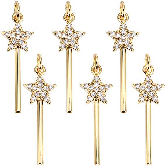 6 pcs rack placage laiton micro pavé clair pendentifs en zircone cubique, sans cadmium et sans nickel et sans plomb, charmes étoiles